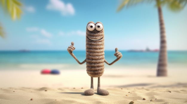 A cartoon character with two eyes and a thumb up on a beach.