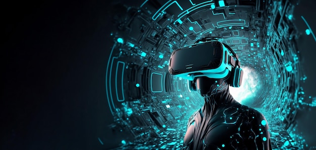 ジェネレーティブ AI を使用して未来的なビデオ ゲームをプレイするための VR ヘッドセット メガネをかけた漫画のキャラクター