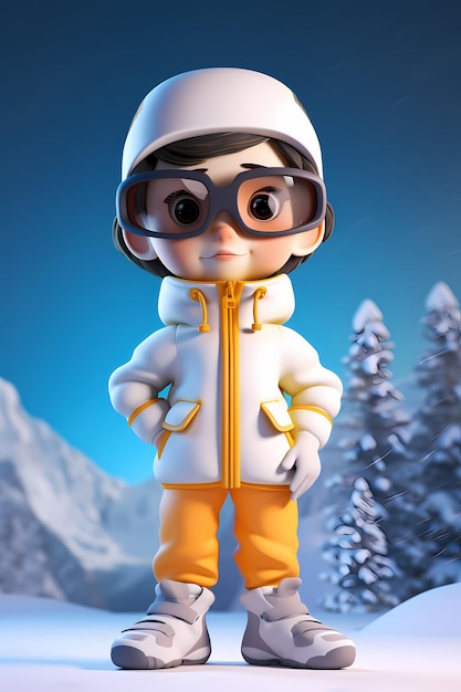 A cartoon character with a white jacket and orange pants stands in the snow.