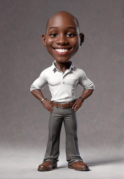 a cartoon character with a white shirt and gray pants