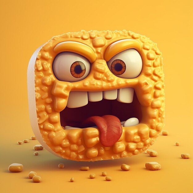 A cartoon character with a yellow background and a big eye and a big mouth.