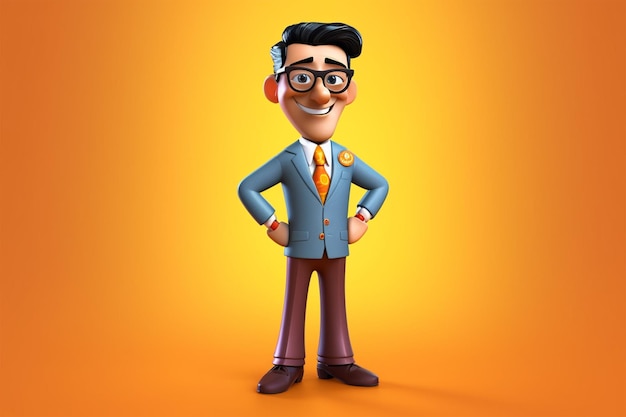 A cartoon character with a yellow background and a blue suit with a tie and glasses.