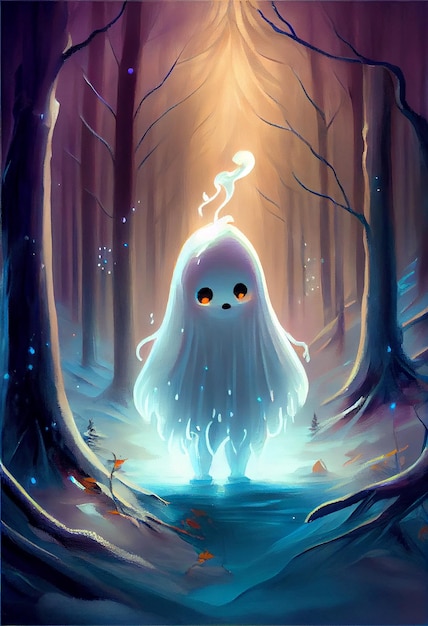 A cartoon character with yellow eyes stands in a forest.