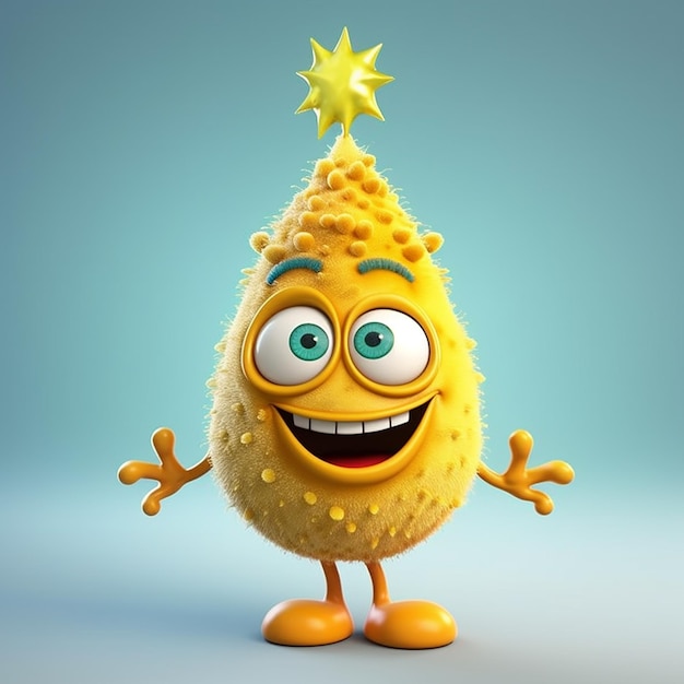 A cartoon character with a yellow face and green eyes is wearing a gold star on its head.