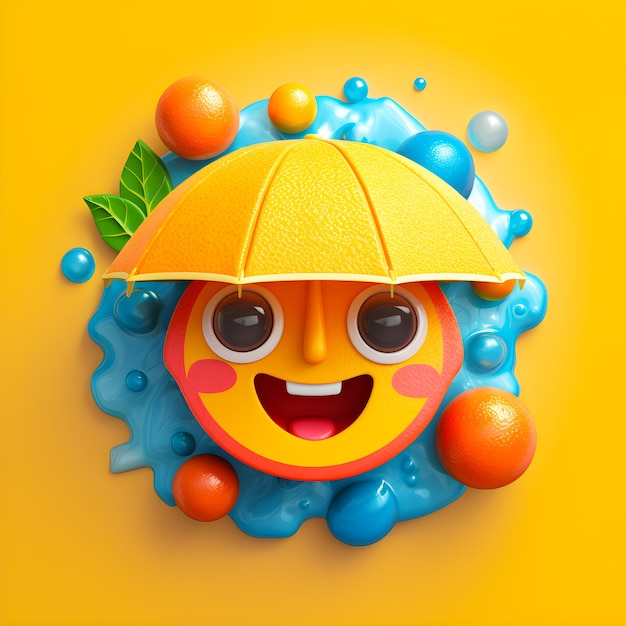 A cartoon character with a yellow hat and orange umbrella