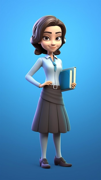 A cartoon character of a woman holding a book and wearing a blue skirt.