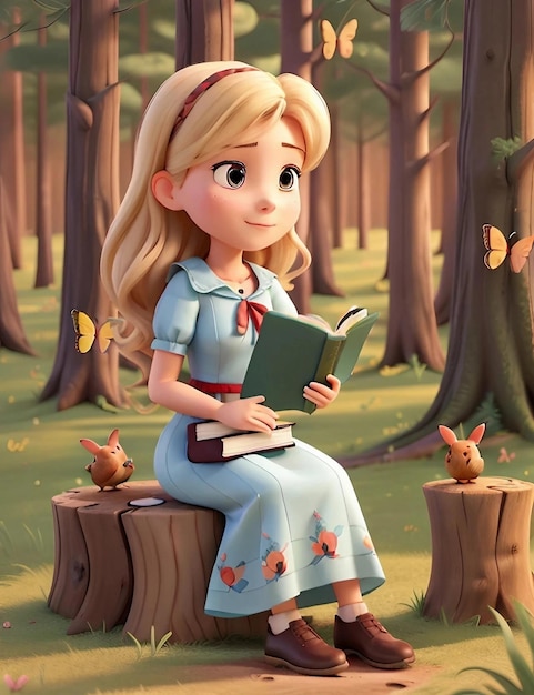 만화 캐릭터 여자가 그루터기에 앉아 혼자 책을 읽고 있다
