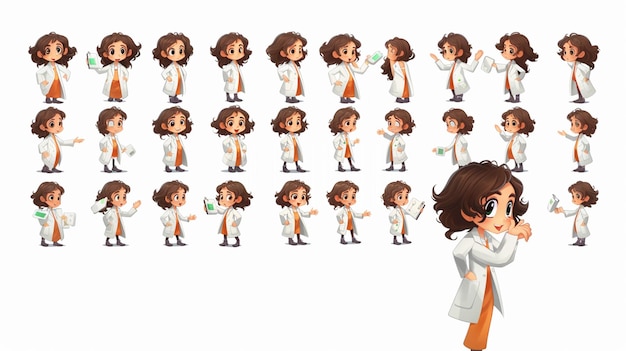 cartoon character of a woman in a lab coat with many different expressions generative ai