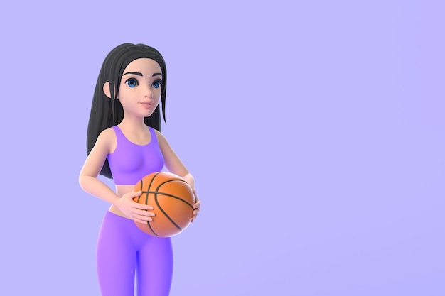 Cartoon character woman in sportswear holding basketball ball on purple background 3D render