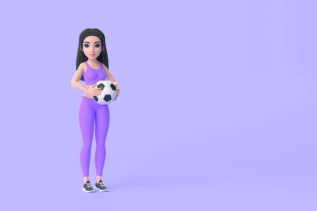 Cartoon character woman in sportswear holding soccer ball on purple background 3D render