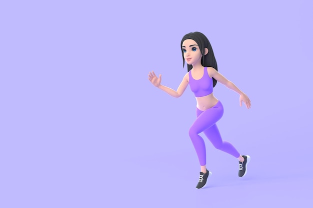 Cartoon character woman in sportswear running on purple background 3D render illustration