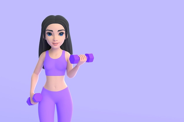 Cartoon character woman in sportswear with dumbbells on purple background 3D render