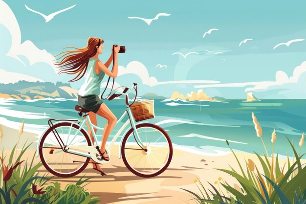 Photo cartoon character of woman tourist on bicycle taking photo with camera riding bike on seaside