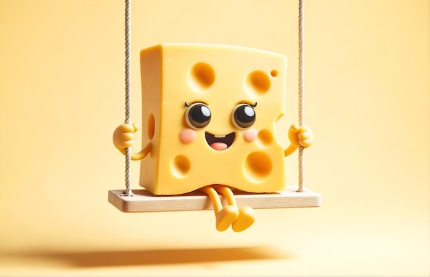 Foto un personaggio di cartone animato di un pezzo di formaggio giallo che oscilla su un altalena