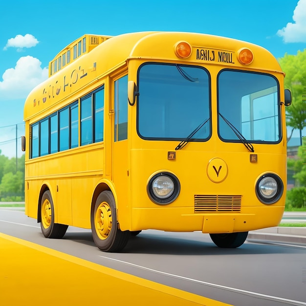 Cartoon character yellow color school bus on a street generated by ai