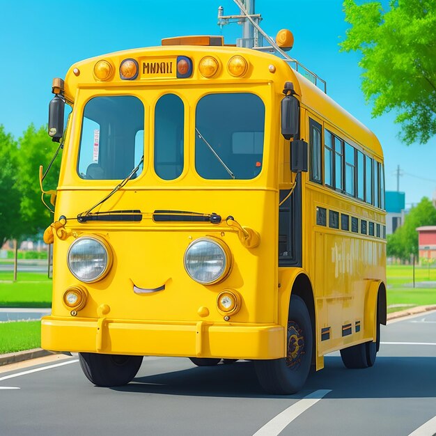 Cartoon character yellow color school bus on a street generated by ai