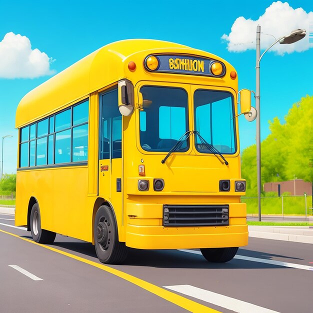 Cartoon character yellow color school bus on a street generated by ai