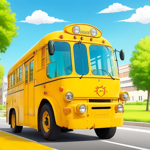 Cartoon character yellow color school bus on a street generated by ai