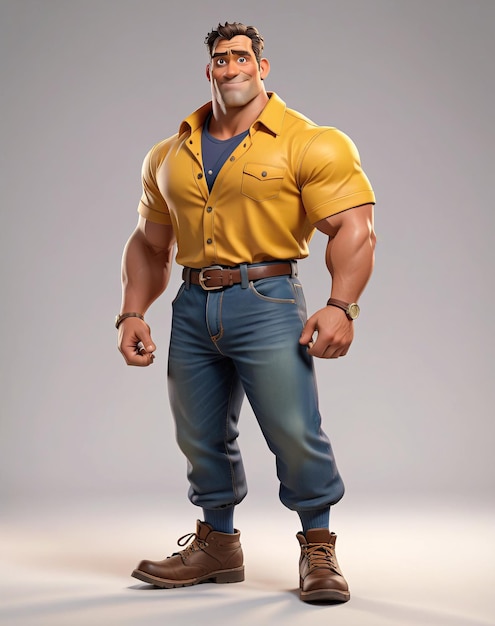 a cartoon character in a yellow shirt and jeans