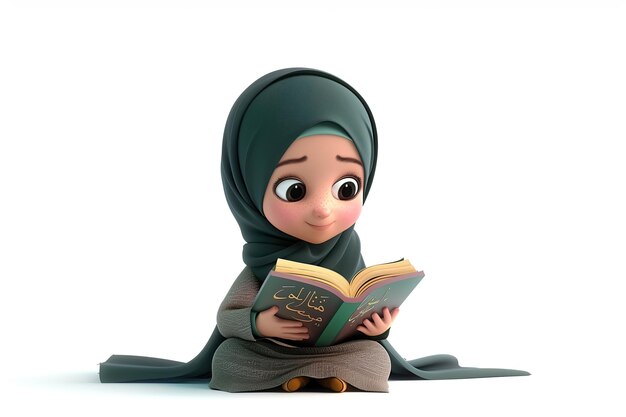 Photo cartoon character young muslim girl reading book isolated on white background