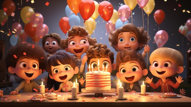 Cartoon characters celebrating a birthday party in 3D style created by Generative AI