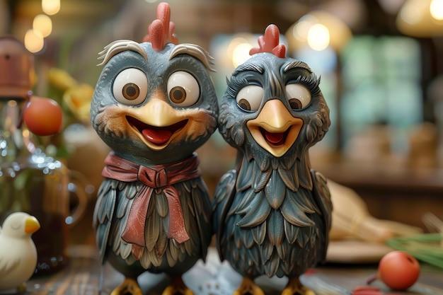 Cartoon characters of a Chicken and a rooster 3d illustration