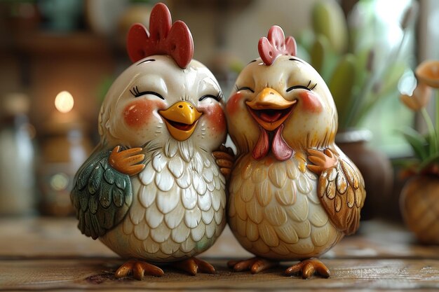 Photo cartoon characters of a chicken and a rooster 3d illustration