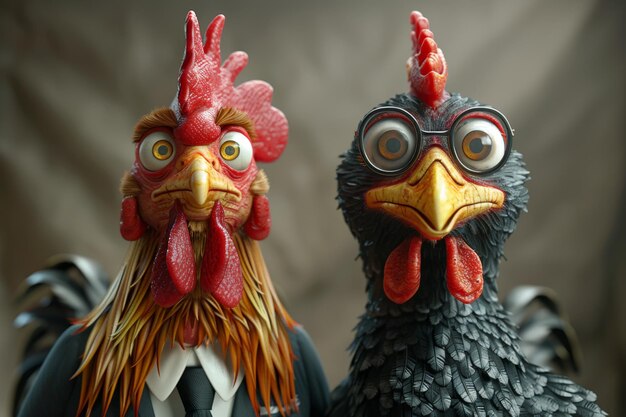 Cartoon characters of a Chicken and a rooster 3d illustration