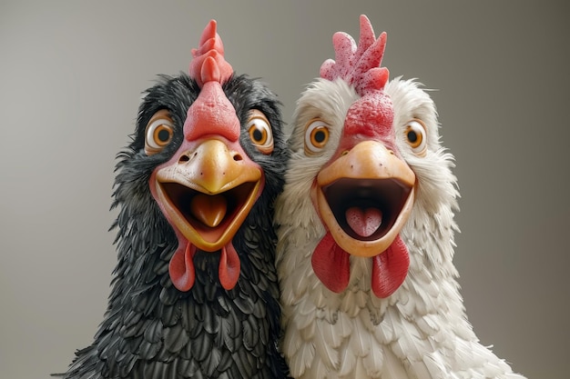 Cartoon characters of a Chicken and a rooster 3d illustration