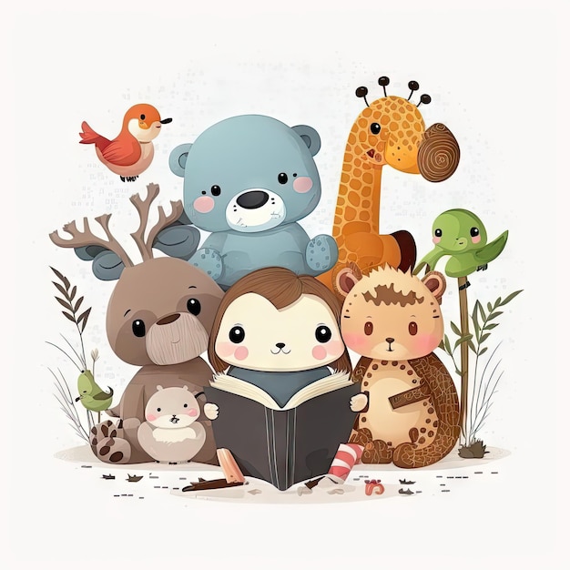 Photo cartoon characters cute animals reading books white background