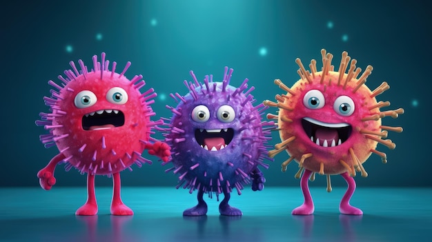 Photo cartoon characters cute funny evil viruses whimsical and infectious creative and humorous animation of infectious microorganisms in comical and imaginative scenarios