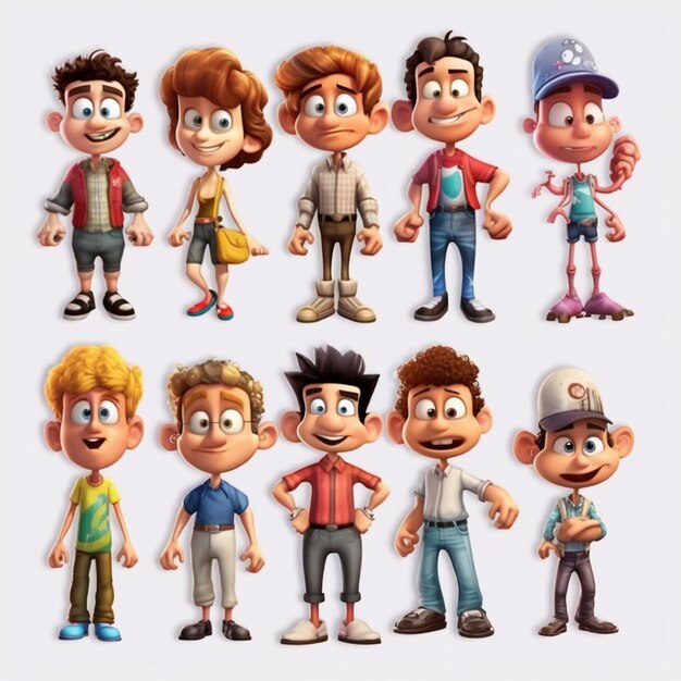 Foto personaggi dei cartoni animati di diverse età e età di un ragazzo generativo ai