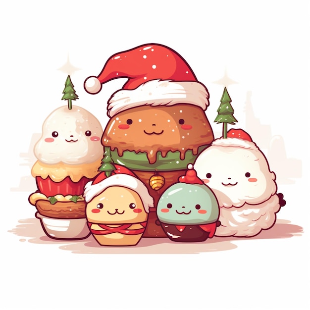 Photo cartoon characters of different kinds of food and christmas trees generative ai
