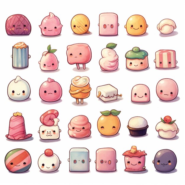 Photo cartoon characters of different kinds of food and desserts generative ai
