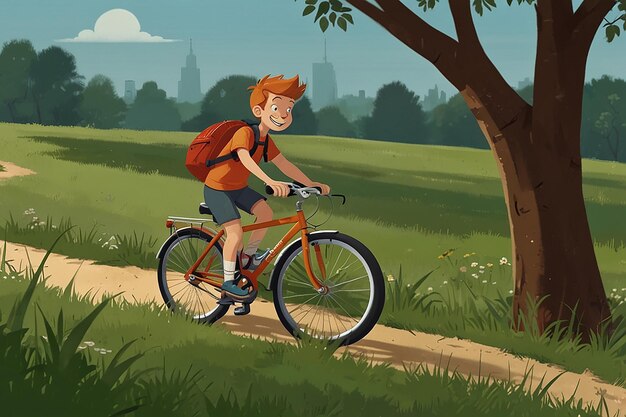 Cartoon Characters Leisurely Bike Ride Grass Adventure