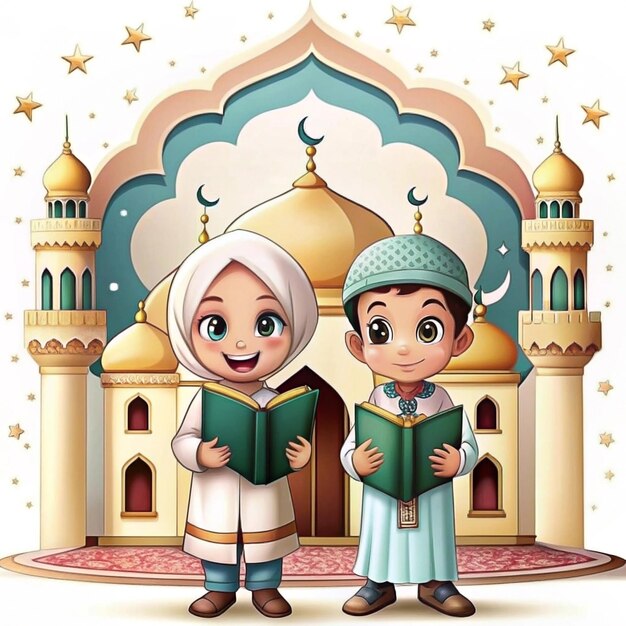 Photo cartoon characters of two muslim boys