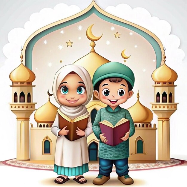 Photo cartoon characters of two muslim boys
