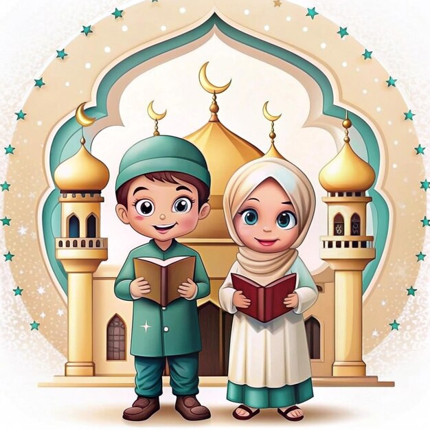 Photo cartoon characters of two muslim boys
