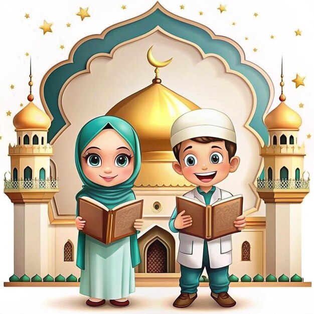 Photo cartoon characters of two muslim boys