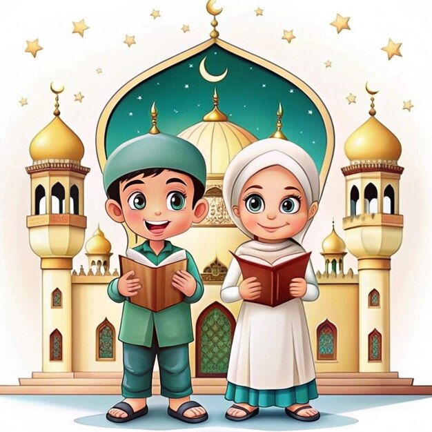 Photo cartoon characters of two muslim boys