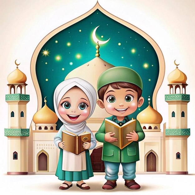 Photo cartoon characters of two muslim boys