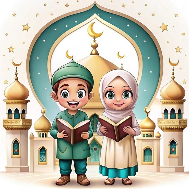 Photo cartoon characters of two muslim boys