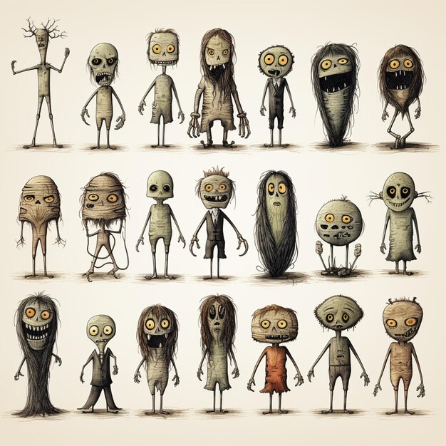 Photo cartoon characters of various sizes and shapes of a zombie generative ai