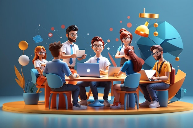 Cartoon characters work on a laptop business startup and teamwork concept communication in social networks 3d illustration