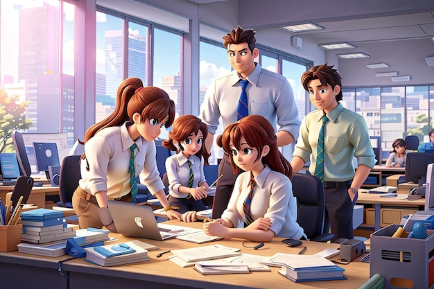 Cartoon characters working in office together concept of teamwork