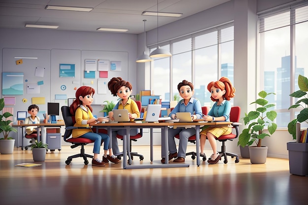 Cartoon characters working in office together concept of teamwork