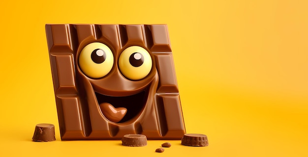 Cartoon cheerful chocolate bar with a smile isolated on a yellow background illustration