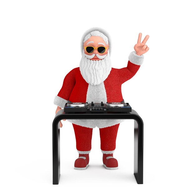 Foto cartoon allegro babbo natale granpa dj riproduzione di musica con dj set giradischi mixer equipment 3d rendering