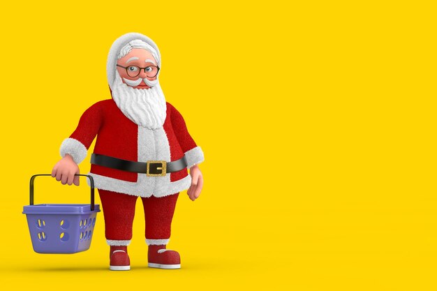 Cartoon cheerful santa claus granpa with cartoon shopping basket 3d rendering