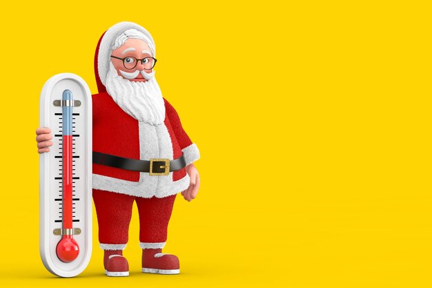 Cartoon cheerful santa claus granpa with outdoor thermometer 3d\
rendering